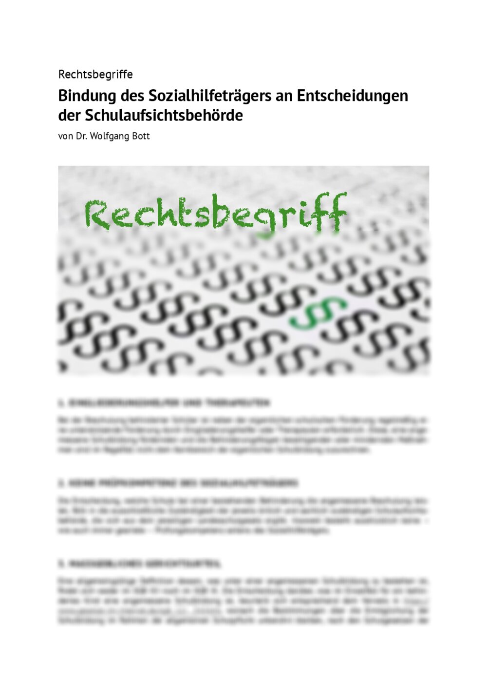 Rechtsbegriff: Bindung des Sozialhilfeträgers an Entscheidungen der Schulaufsichtsbehörde - Seite 1